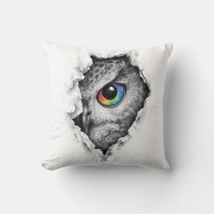 Uil Inkt Portret met Levendige Regenboog Oog Kussen