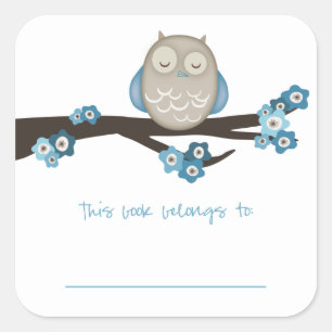 Uil & Kersenbloesem {Blauw} Boekplaten Vierkante Sticker