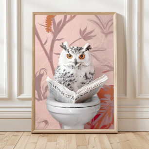 Uil lezend op toilet  Print,  Badkamer uil print