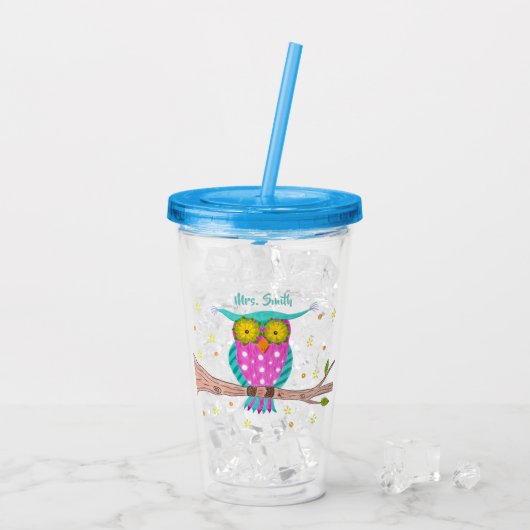 Uil met bloemrijke ogen gepersonaliseerde leraar t acryl drinkbeker (Achterkant ijs)