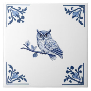 Uil met Delfts Blauw en Witte Hoek Bloeien Tegeltje