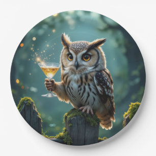 Uil met een cocktail in een mystiek bos papieren bordje