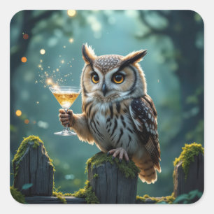 Uil met een cocktail in een mystiek bos vierkante sticker