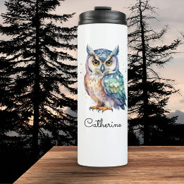 Uil met hoorns Aquarel Persoonlijk ontwerp Thermosbeker