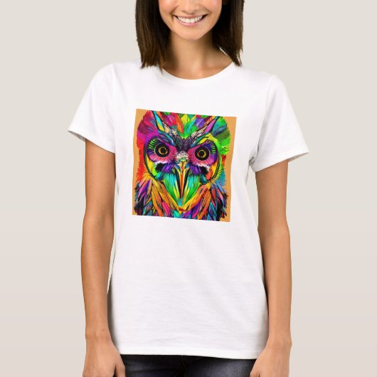 Uil met Kleurrijke Veren Quirky AI Art T-shirt (Voorkant)