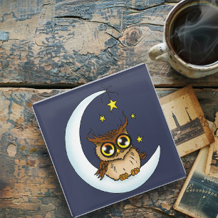 Uil Moon Blue Schattigee Sterren Glazen Onderzetter