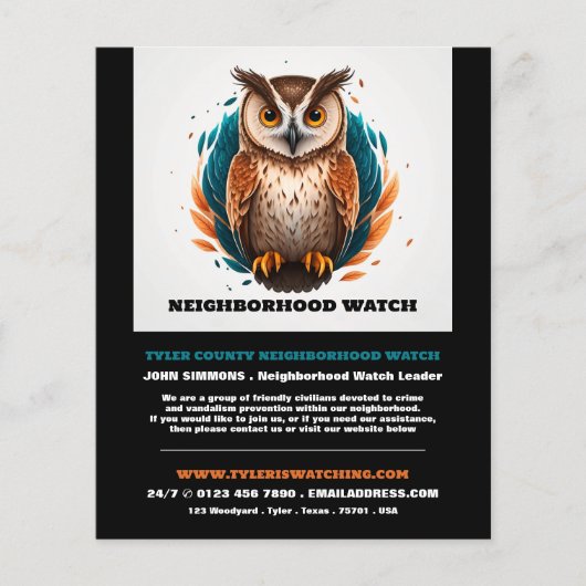 Uil ontwerp, wijk gemeenschap horloge advertentie flyer (Voorkant)
