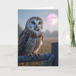 Uil op een hek met roze maan kaart