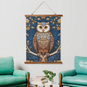 Uil op een tak blauwe herfst achtergrond art nouve hangend wandkleed