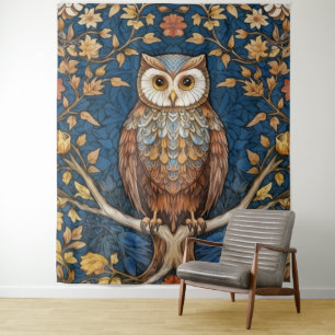 Uil op een tak blauwe herfst achtergrond art nouve wandkleed