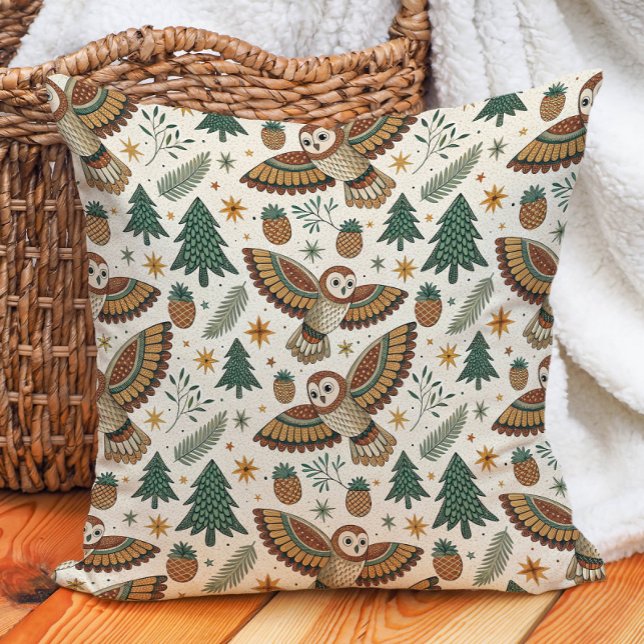 Uil Pine Trees Kegels Sterren Natuur Warm Kussen (Owl and pine trees pillow)