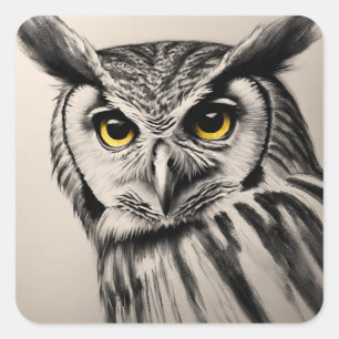 Uil portret- houtskool schets vierkante sticker