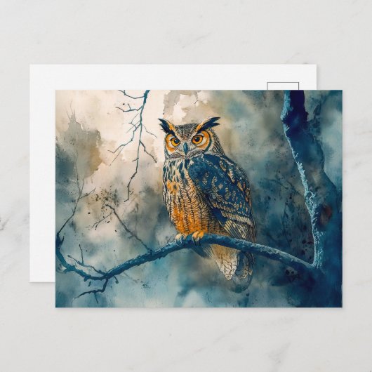 Uil 's nachts zittend op een tak waterverf painti briefkaart (Voorkant / Achterkant)