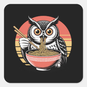 Uil Slurping Ramen Japans Ukiyo-e  Stijl Vierkante Sticker