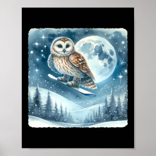 Uil snowboarden boven maanlicht besneeuwd landscha poster