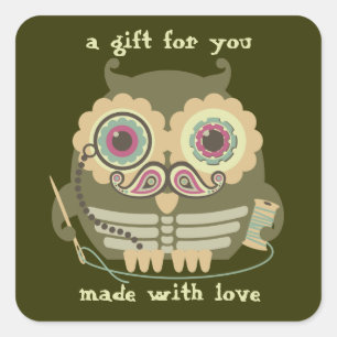 Uil steampunk skelet snor naainaald vierkante sticker
