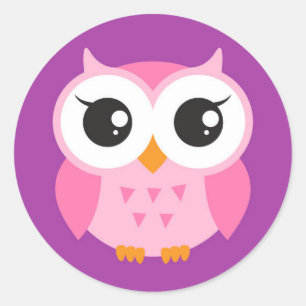 Uil stickers - schattige, roze uil op paarse achte