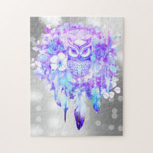 Uil Totem Dreamcatcher Bloemenveer Paarse Grijs Legpuzzel