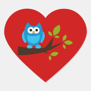 Uil Uilen Vogelvogels Blauw Schattige Boom Cartoon Hart Sticker