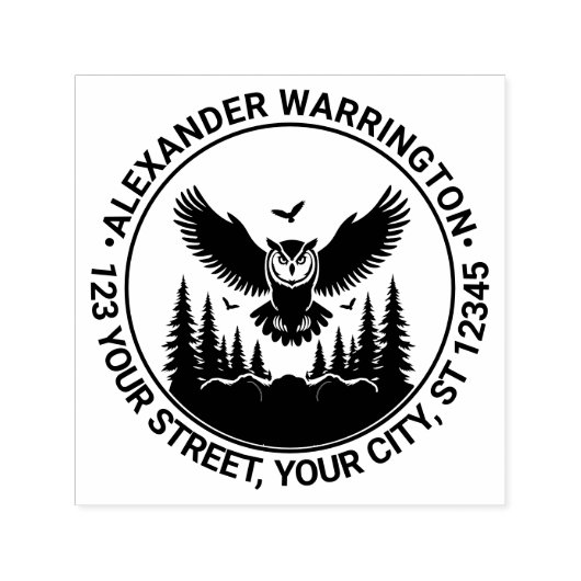 Uil vliegend vooraanzicht dennenbomen naam retoura zelfinktende stempel (Design)