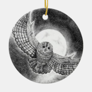 Uil vliegt op een maanverlichte nacht keramisch ornament