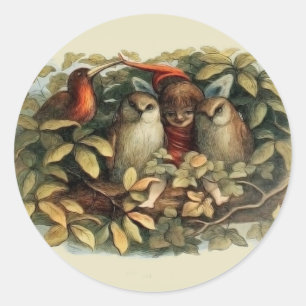 Uilen en elfenfeeën Natuur Illustratie Ronde Sticker
