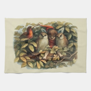 Uilen en elfenfeeën natuurillustratie theedoek