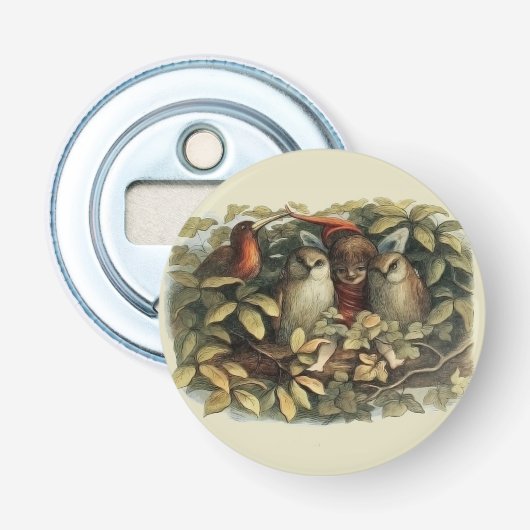 Uilen en elffeeën Natuur Illustratie Button Flesopener (Voorkant)