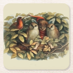 Uilen en elffeeën Natuur Illustratie Vierkante Kartonnen Onderzetter