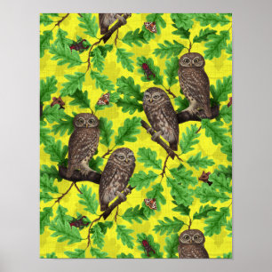Uilen in het bos op citroengeel poster