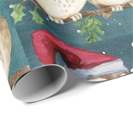 Uilen kerstavond knuffelen paar kerstmuts cadeaupapier (Rol Hoek)