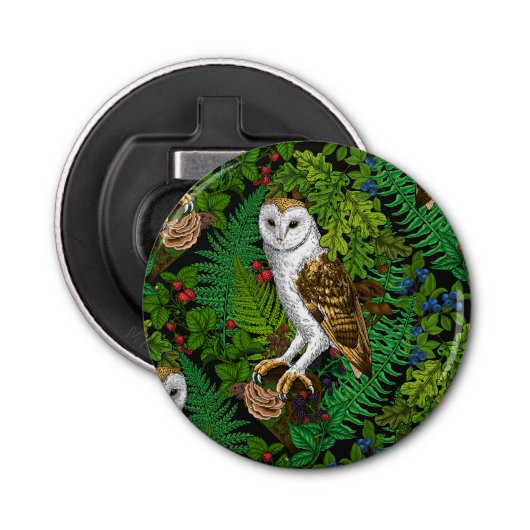 Uilen, varens, eik en bessen button flesopener (Voorkant)