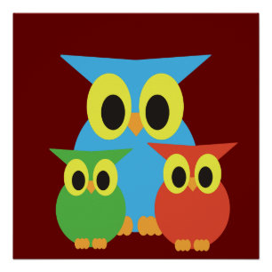 Uilenfamilie: Blauw, Groen en Rood Perfect Poster