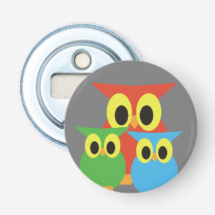 Uilenfamilie: Rood, Groen en Blauw Button Flesopener