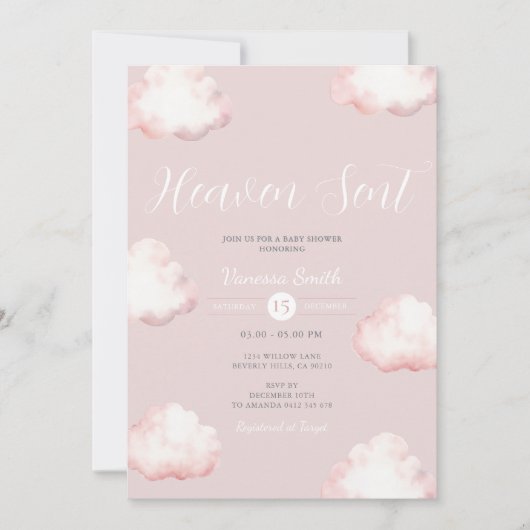 Uit de hemel gezonden roze wolk baby shower uitnod kaart (Voorkant)