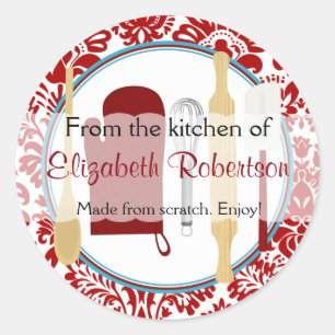 Uit de keuken Damast Aqua en Rood Ronde Sticker