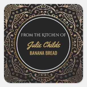 Uit de keuken van de naam Black Gold Boho Mandala Vierkante Sticker
