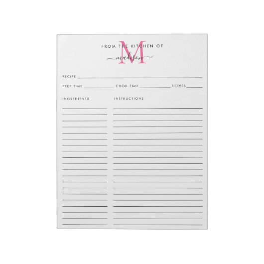 Uit de keuken van het roze monogram notitieblok (Gedraaid)