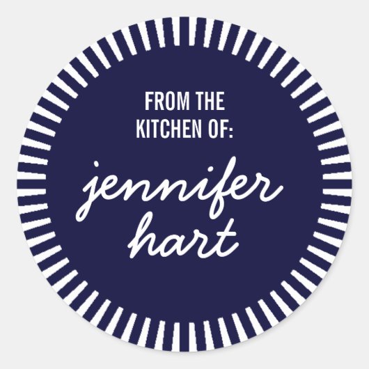 "Uit de keuken van" Naam Label, Navy Blue Ronde Sticker (Voorkant)