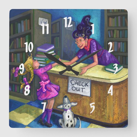 Uitchecken bibliotheek vierkante klok (Voorkant)