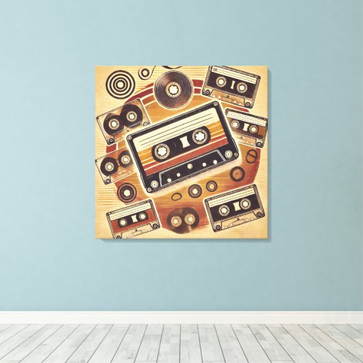 Uitgerekt Canvas - Retro Cassette Design met (Insitu (Houten vloer))