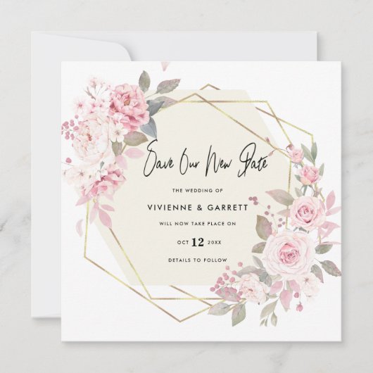 Uitgestelde bruiloft nieuwe datum huwelijk save the date (Voorkant)