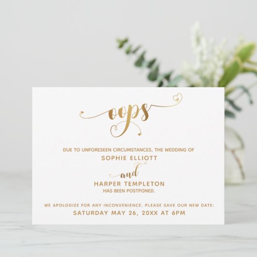 Uitgestelde bruiloft "Oeps!" Gold Hearts-script Kaart (Staand voorkant)