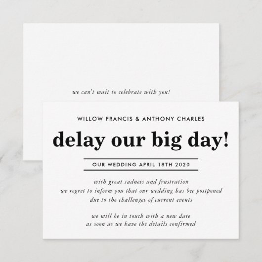 UITGESTELDE TROUW datum onze grote dag uitstellen  Kaart (Voorkant / Achterkant)