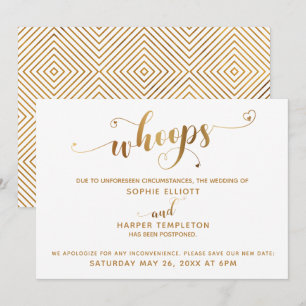 Uitgestelde Trouwdag "Whoops" Gouden Harten Script Kaart