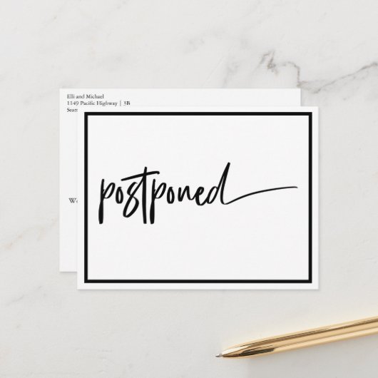 Uitgestelde Trouwdag Zwart Wit Modern Aankondigingskaart (Voorkant / Achterkant in situ)