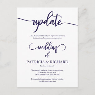 Uitgestelde Trouwdatum Update Navy Blue Script Briefkaart