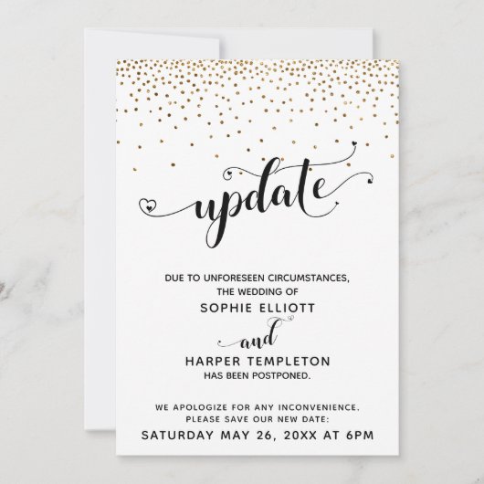 Uitgestelde Wedding Gold Confetti & Hearts Update Kaart (Voorkant)