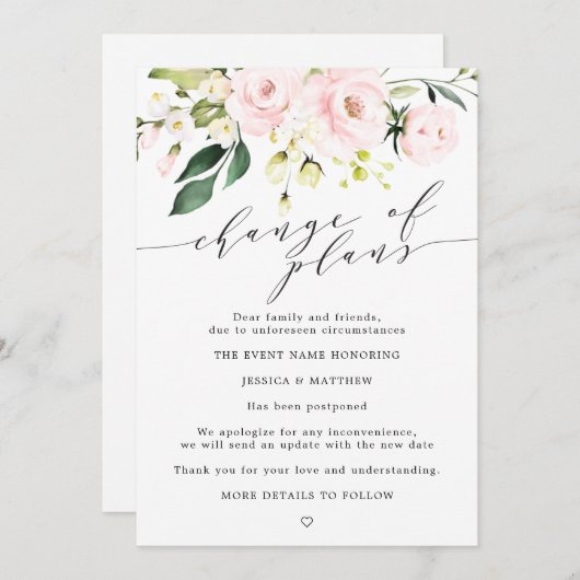 Uitgestelde Wijziging van Plannen Blush Bloemen Br Aankondiging (Voorkant / Achterkant)