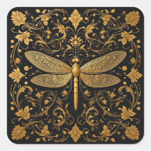 Uitmuntende Gouden Libel met Bloemkunst Vierkante Sticker
